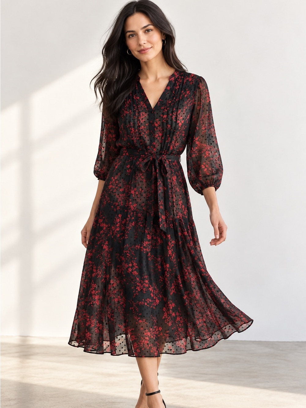 Nanette Nanette Lepore Size 4 Sheer Floral Flocked Chiffon Midi Dress